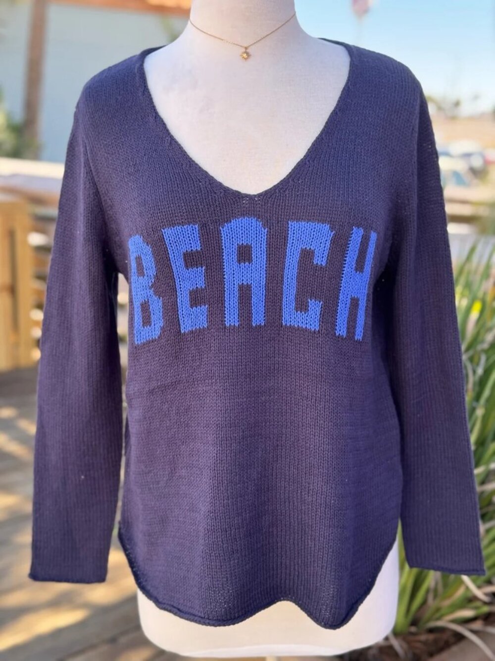 Deep Navy V-Neck Knit Sweater with Royal Blue BEACH Lettering Sz Large NWT $67